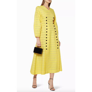 Bouguessa Yellow Metallic Stripe Double Button Balloon Sleeve Midi Dress